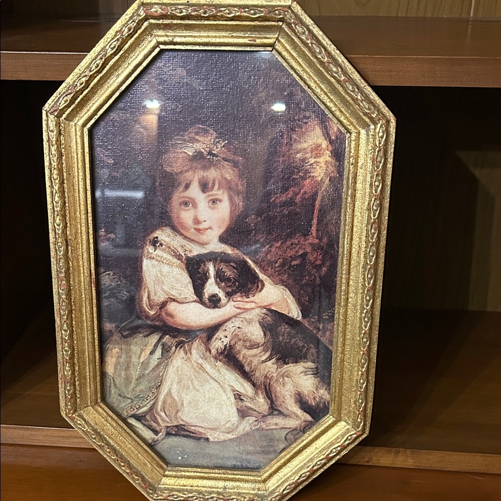 Vintage Gold Framed Child and Dog Wall Art